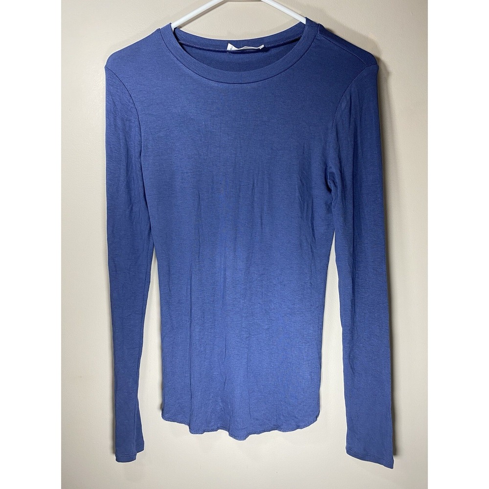 Talulah Womens Ribbed Long Sleeve Crew Neck Top Blue‎ Curved Hem Size L